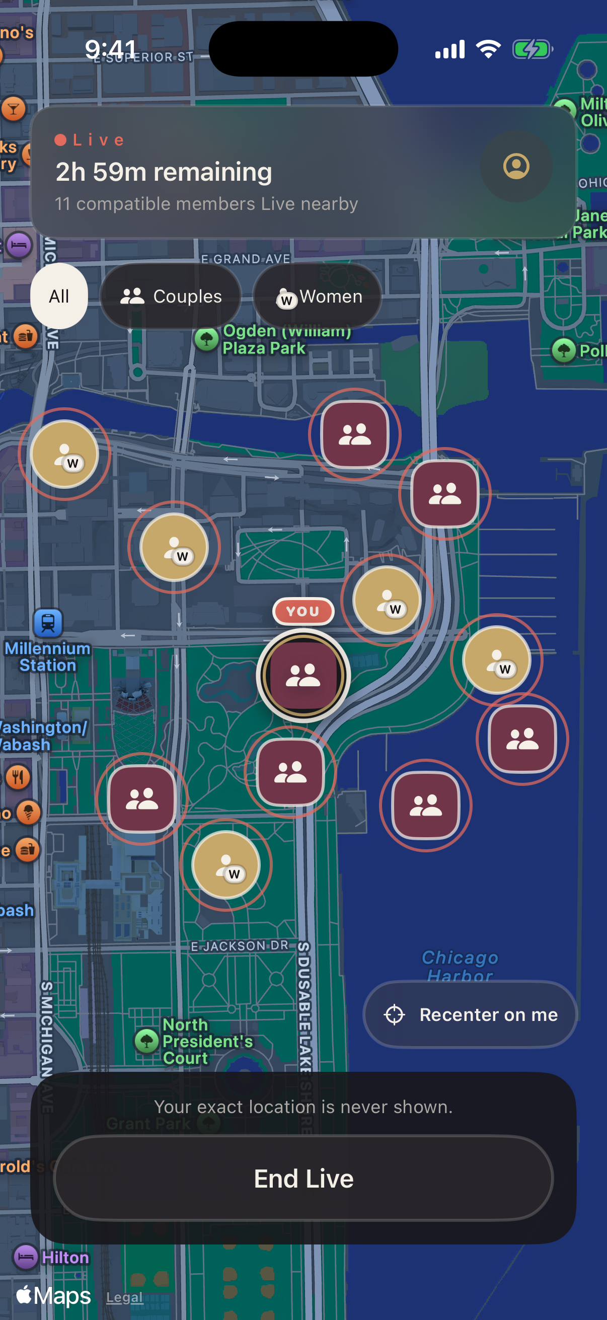 OPN2IT Discovery Map while Live, showing compatible member markers, a YOU marker, countdown, and End Live control
