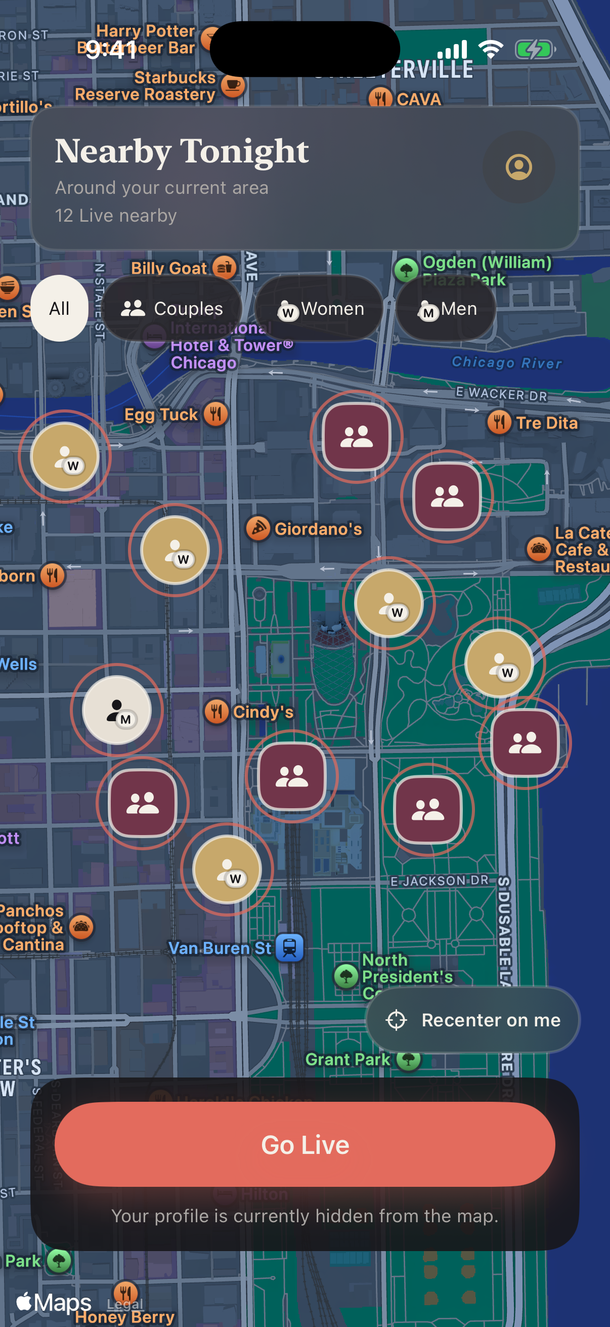 OPN2IT Discovery Map while Not Live, showing anonymous nearby activity and a hidden profile state